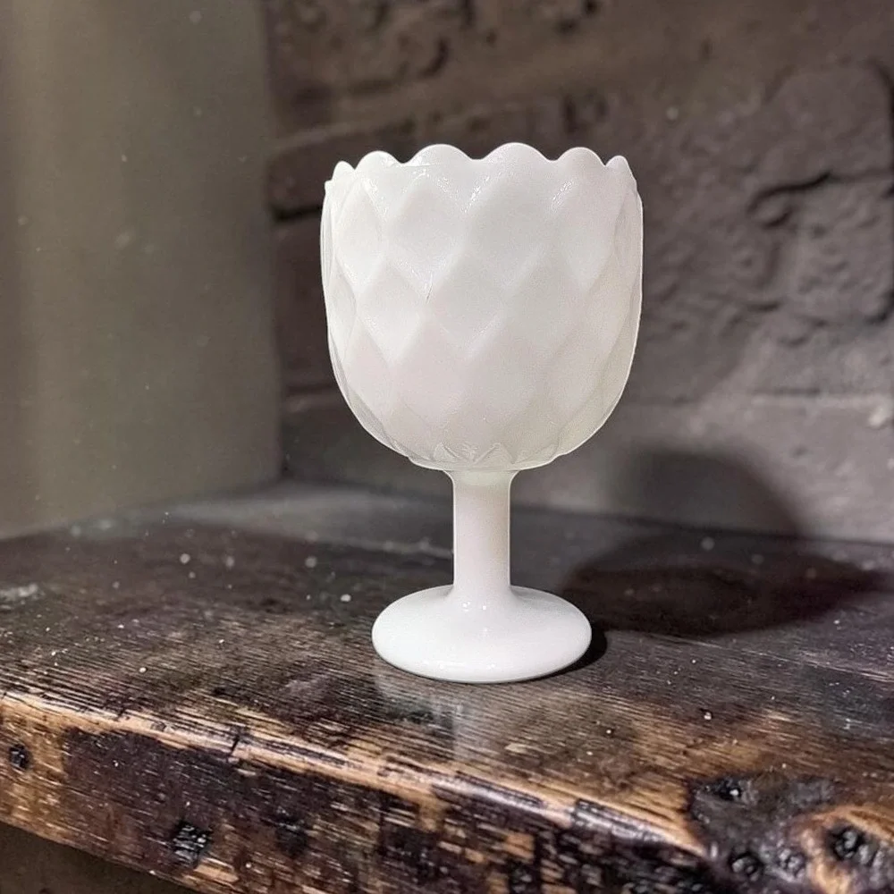 Milk Glass Diamond Pedestal Compote, Vintage White Textured‎ Goblet, Replacement